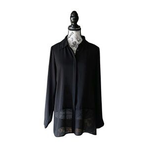 90s Minimalist Black Mesh Sheer Button Up Blouse Size Medium